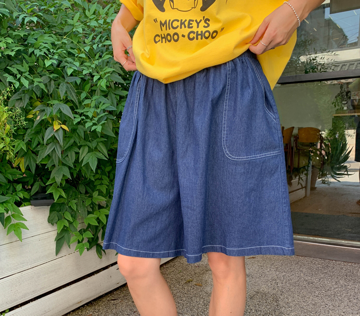 マオステッチ デニムバンディング 5部パンツ