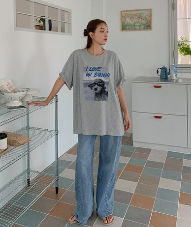 [男女共用]子犬プリンティングオーバーフィット半そでロングTシャツ