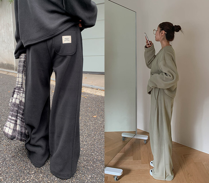 オリジナルバックパッチフリースサイドピンタックワイドパンツ