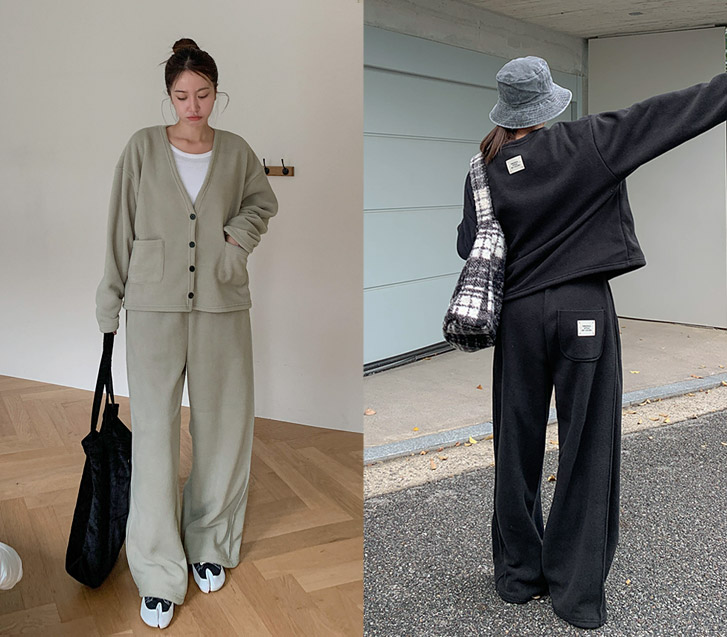 オリジナルバックパッチフリースツーポケットカーディガンサイドピンタックワイドパンツセット