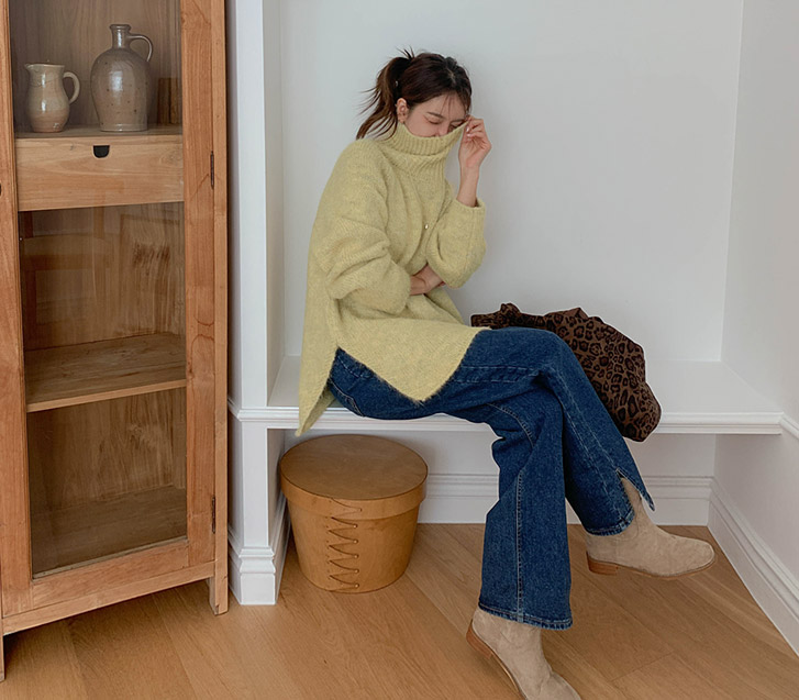 ローマ起毛スリットデニムワイドパンツ