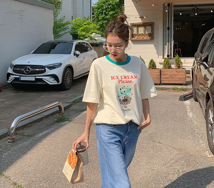 [男女共用]アイスクリーム・ナ染色配色半そでTシャツ