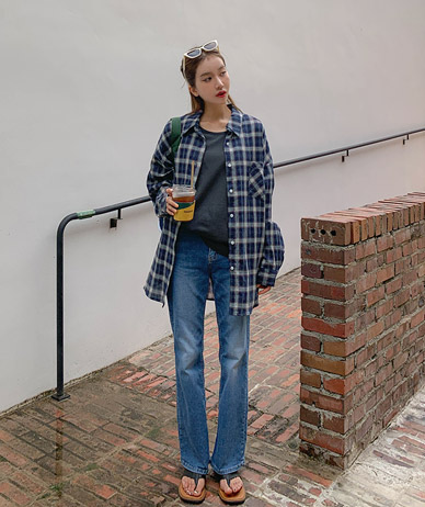 [男女共用]エリンチェック長袖ロングシャツシャツ