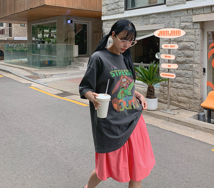 [男女共用]クレイジーラビット捺染ピグメント半そでTシャツ