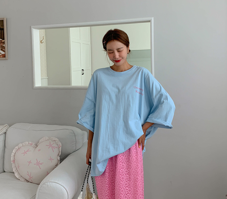 白リボンナ塩ルーズフィット 7部 ロングTシャツ