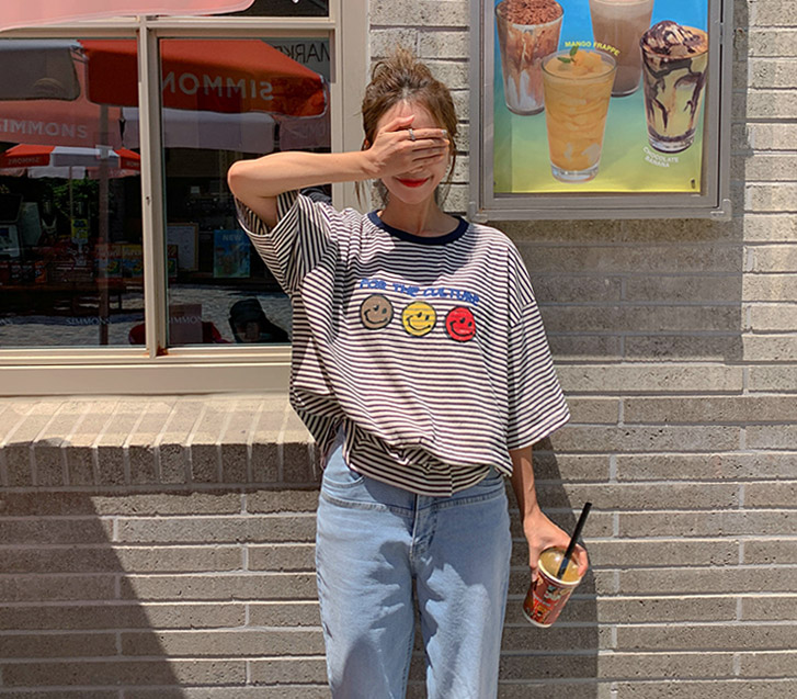 [男女共用]スマイルダンガラ配色バクシー半そでロングTシャツ