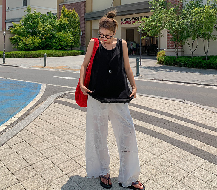 ネモ刺繍アイレットバンディングワイドパンツ