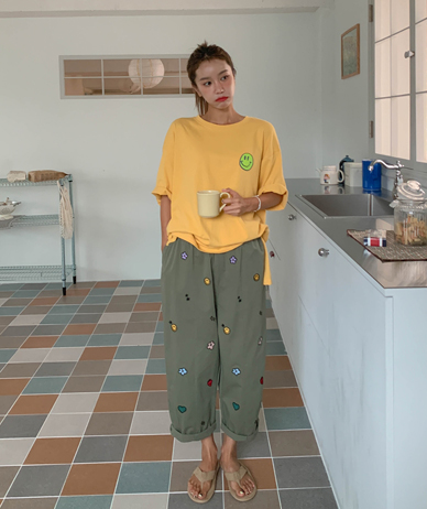 フラワースマイル刺繍バンディング排気パンツ