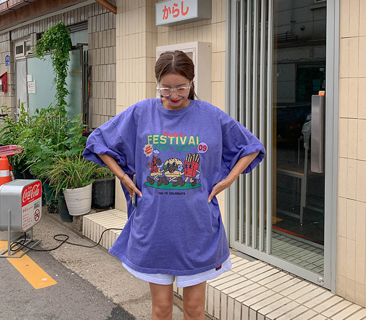 [男女共用]フードナソムピグメント半そでロングTシャツ