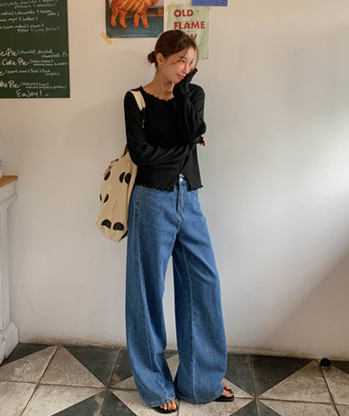 ハーベデニムバンディング切開ワイドパンツ