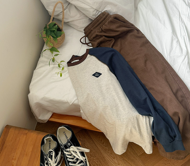配色ステッチパッチ ラグラン 長袖Tシャツ