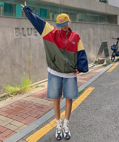 ロロティパッチカラー配色ナイロンザップアップジャンパ