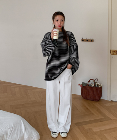 モート斜線切開バンディングストレートワイドパンツ