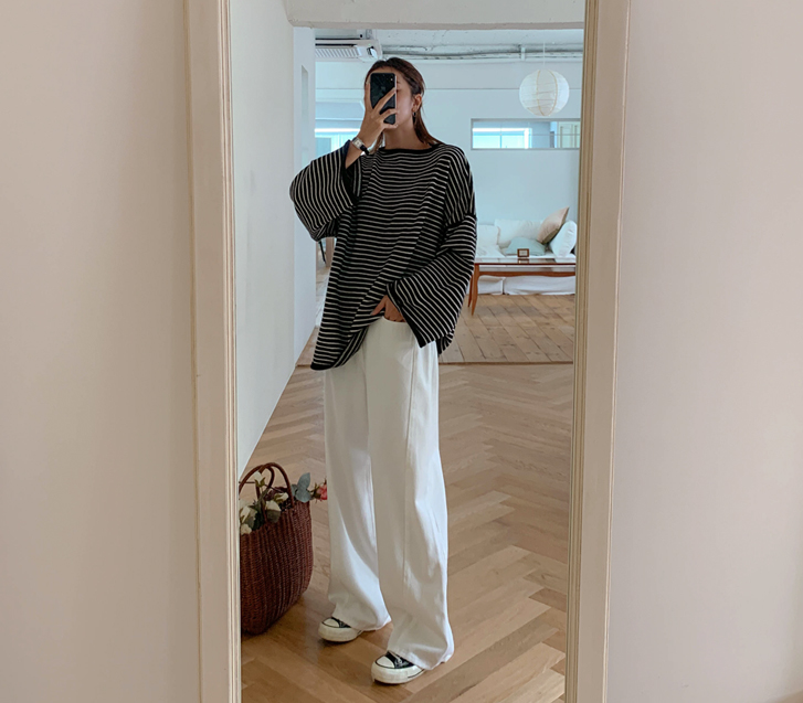 モート斜線切開バンディングストレートワイドパンツ