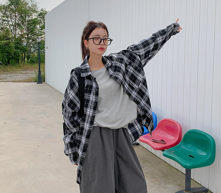 プープ オーバーフィット チェック ロングシャツ シャツ