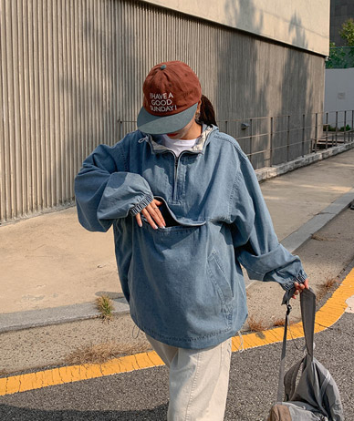 [男女共用]ネタウォッシュドポケットデニム反集業フードアノラック