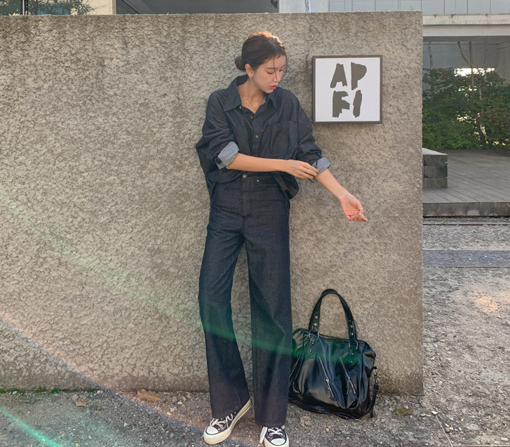 ソベ ノンフェード デニム 長袖シャツ シャツ+ロイコデニム バンディング ストレートワイドパンツ