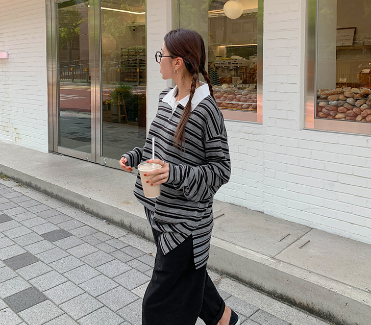 チェコのダンガラカラーボタン長袖Tシャツ