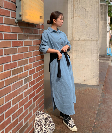 バイデニムカラーボタンロングワンピース