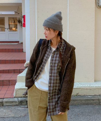 【男女共用】ウールブラシオーバーフィットニットフードザップアップジャンパ