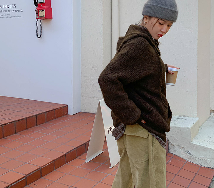 【男女共用】ウールブラシオーバーフィットニットフードザップアップジャンパ