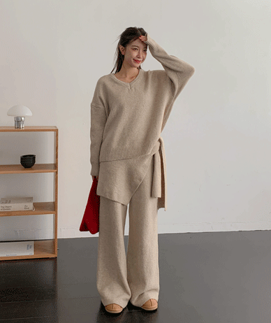 バニラウールニットケープワイドパンツセット