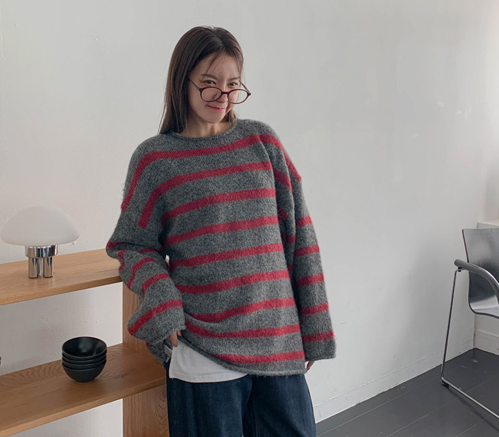 プレイス ダンガラ ラウンドネックニット