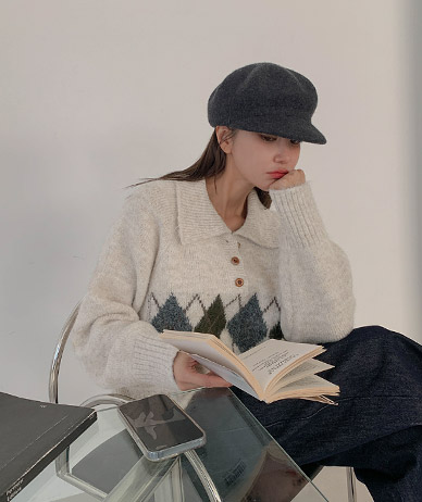 クラシックアーガイルカラーボタンウールニット