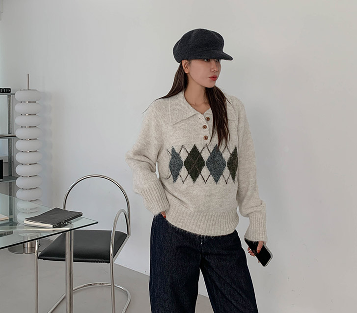 クラシックアーガイルカラーボタンウールニット