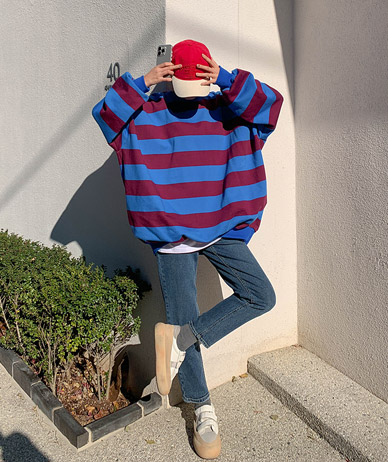 ビッグダンガラ配色起毛ロングトレーナー