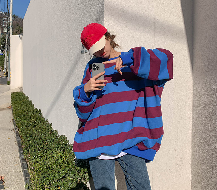 ビッグダンガラ配色起毛ロングトレーナー