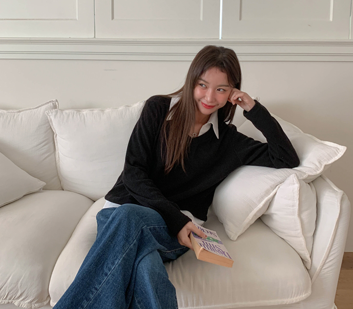 ラフィシャツ レイヤード ブイネックニット