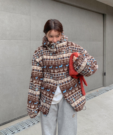 [男女共用]鹿パタンストリングダンブルハイネックフードザップアップジャンパ