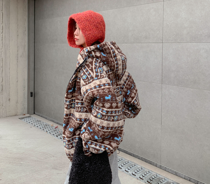 [男女共用]鹿パタンストリングダンブルハイネックフードザップアップジャンパ