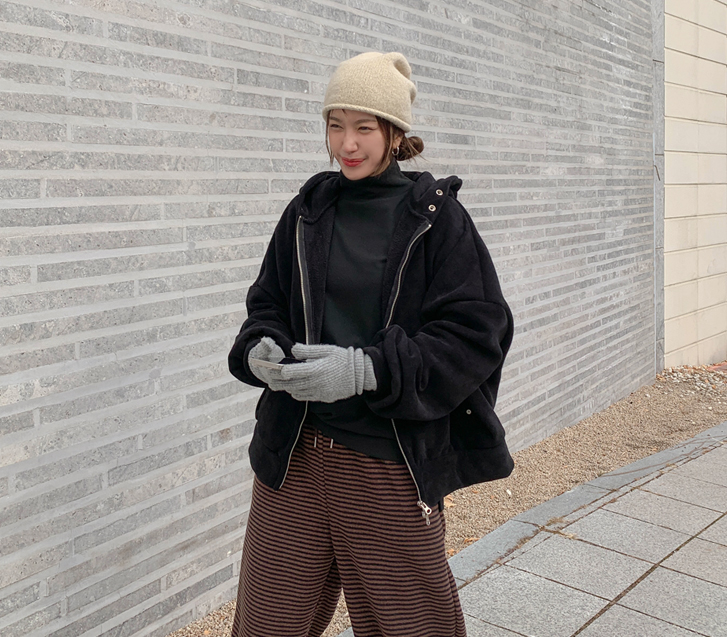 [男女共用]リベットコーデュロイボア毛フードザップアップジャンパ