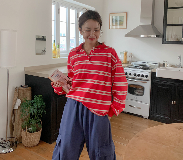 ラグビーカラー配色 カラーネック 長袖 ロングTシャツ