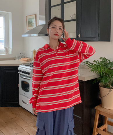 ラグビーカラー配色 カラーネック 長袖 ロングTシャツ