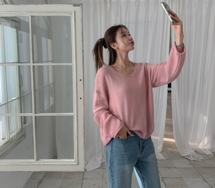 アップルブイネック長袖ストーンニット