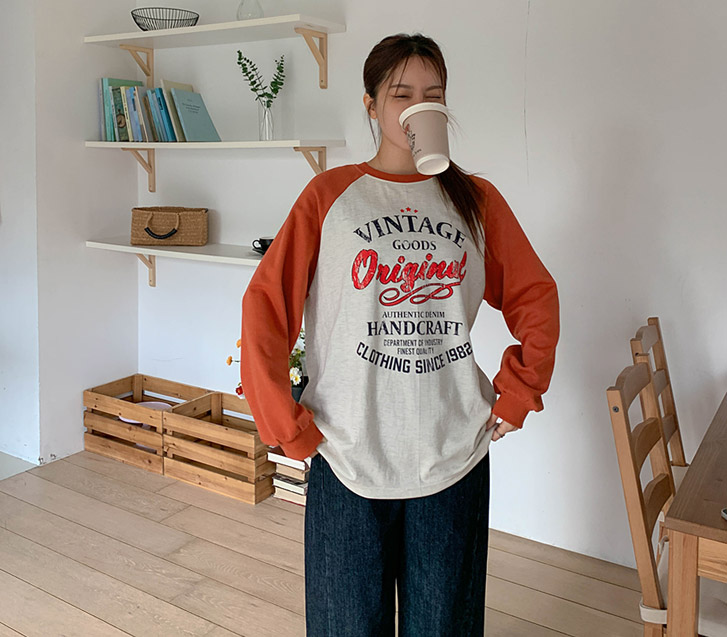 ビンテージ汚れ配色ラグラン長袖Tシャツ