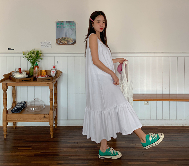 モヒフリル 袖なし レイヤード ロングワンピース