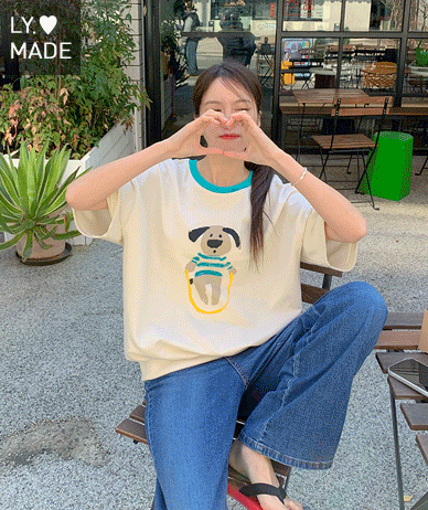 子犬配色印刷半そでトレーナー