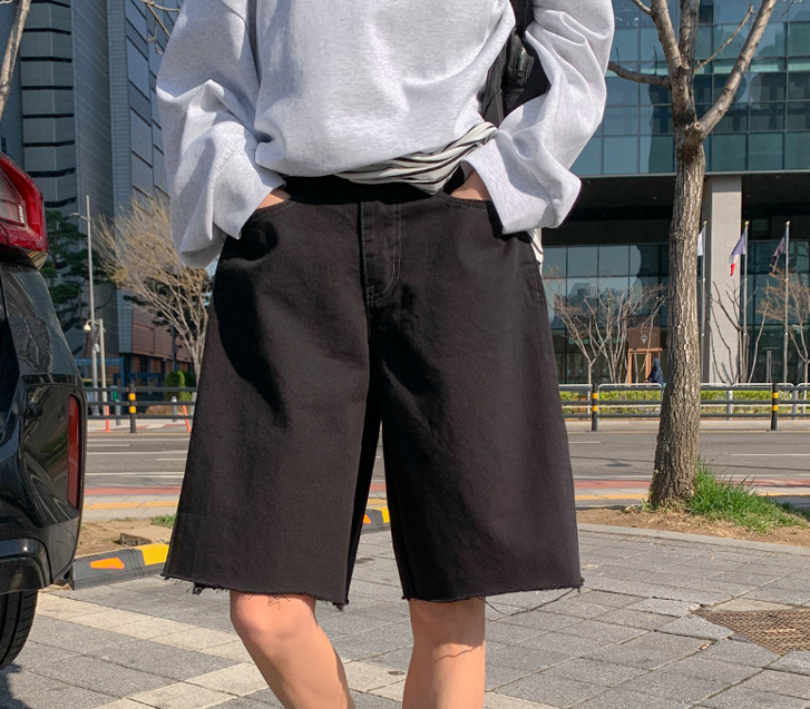 パルスサイドフォールディング切開ダメージ5部デニムパンツ