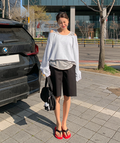 パルスサイドフォールディング切開ダメージ5部デニムパンツ