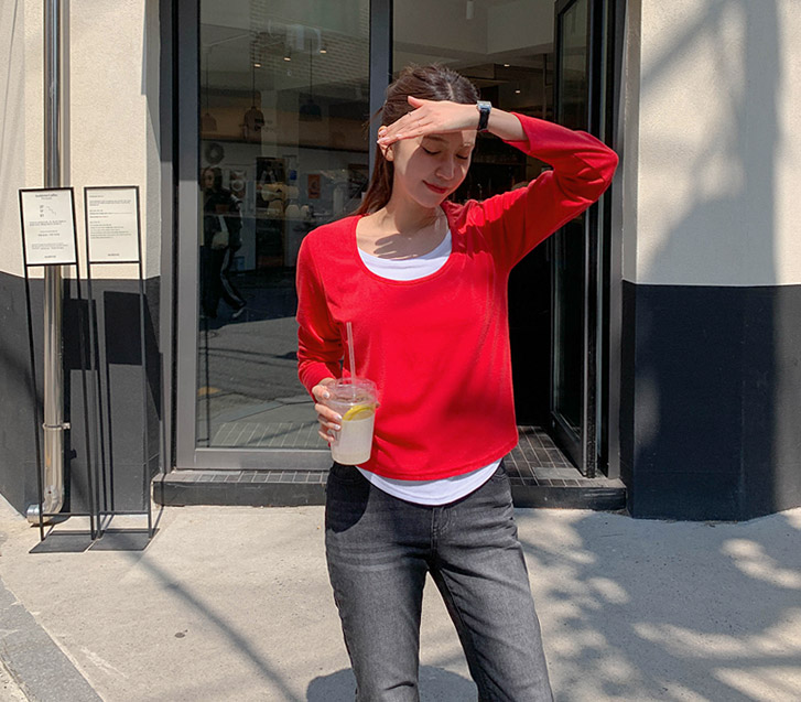 マリーレイヤードUネックスパン長袖Tシャツ