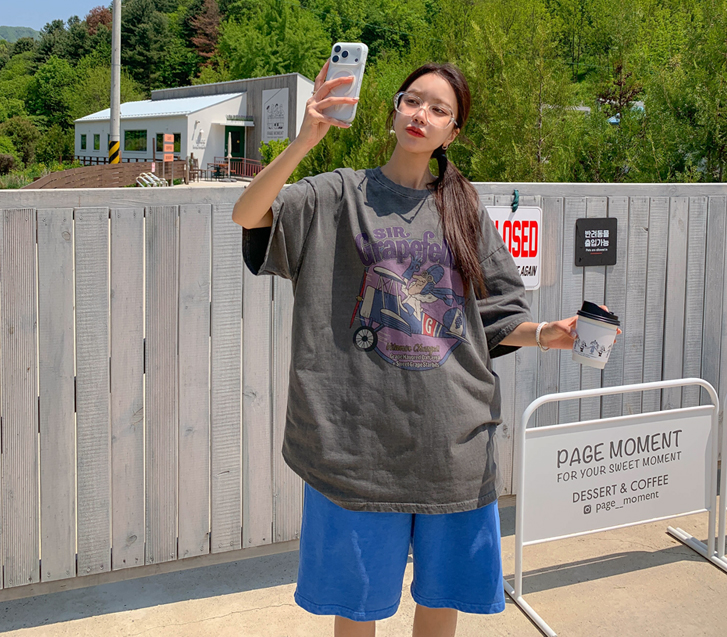 [男女共用]飛行機の汚染ピグメント半そでロングTシャツ