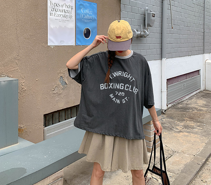 ボクシングレタリングピグメント配色半そでTシャツ