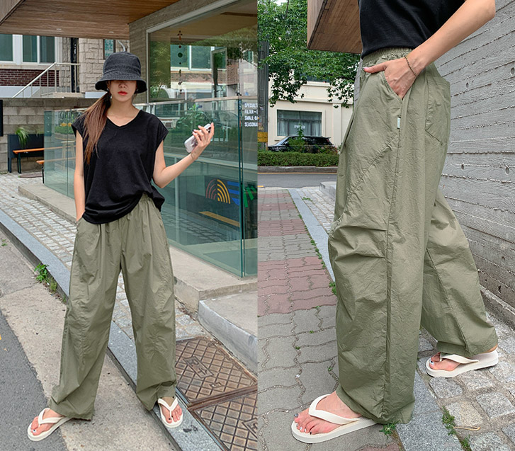 ピンタック曲線切開バンディングワイド排気パンツ