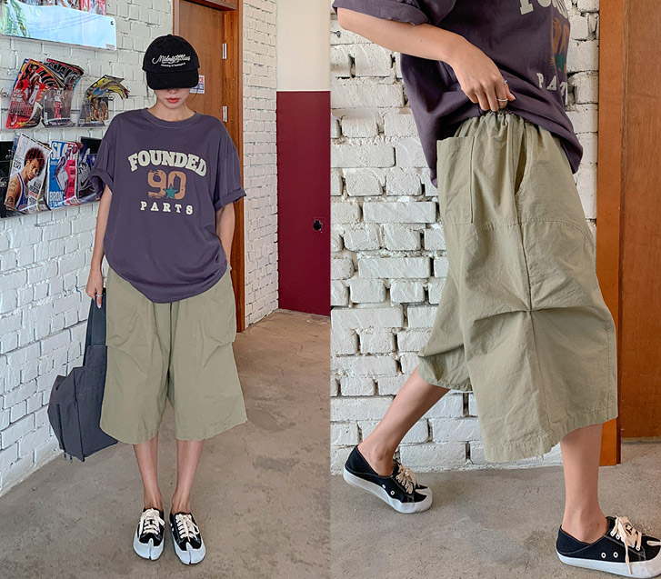 [男女共用]デザートリップ切開ピンタックバンディングバミューダパンツ
