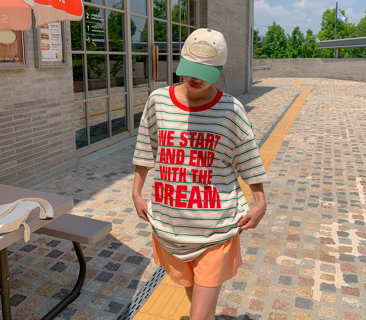 [男女共用]ドリームレタリングストライプ半そでロングTシャツ