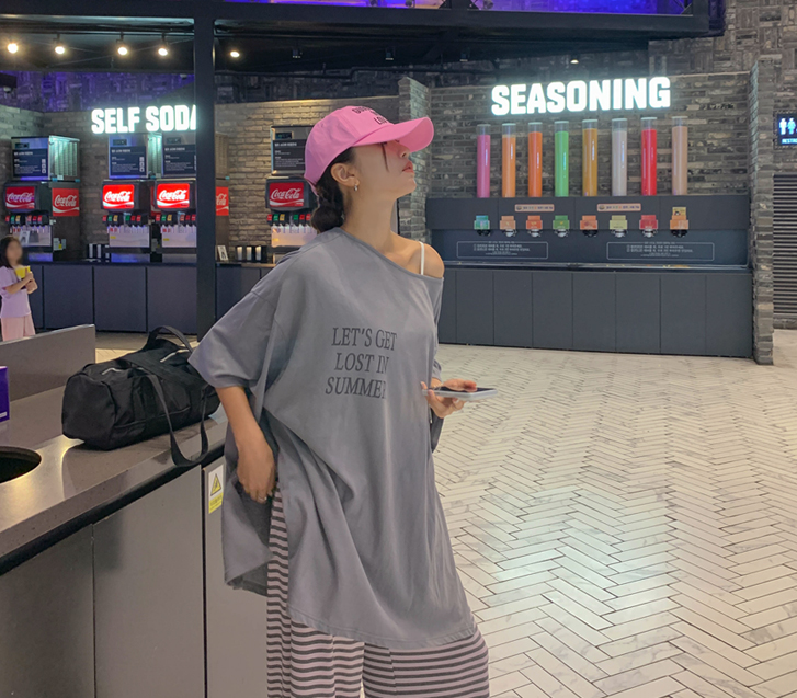 レッツレタリングツウェーボートネック半そでロングTシャツ
